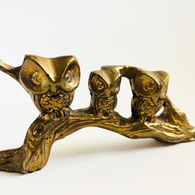 Mid-Century Modern Vintage Brass Owls on a Branch For Sale - Image 3 of 7
