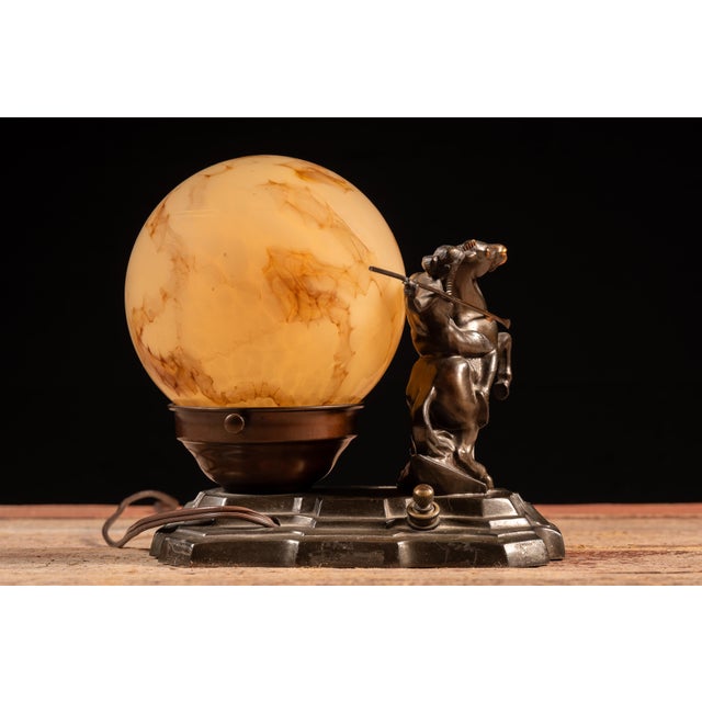Early 20th Century Art Deco Figural Equestrian Lamp With Marbled Glass Globe For Sale - Image 4 of 6