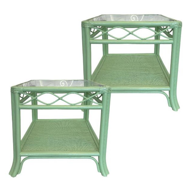 Bring timeless Palm Beach style into your home with this beautifully refinished vintage rattan side tables. Featuring a...