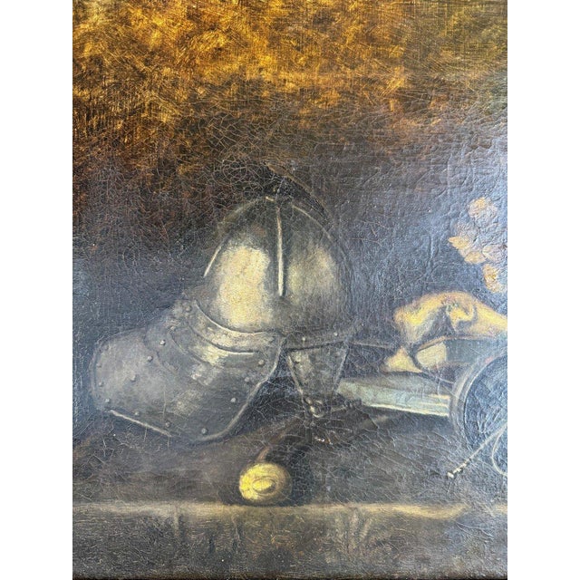 Unkwown, Still Life with Helmet and Antique Objects, 1800s, Oil on Canvas For Sale - Image 7 of 8