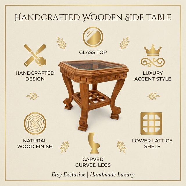 Camel Handmade Wooden Side Table With Glass Top, Carved Wood End Table, Luxury Bedside Table, Vintage Accent Table, Solid Wood Nightstand Decor For Sale - Image 8 of 13