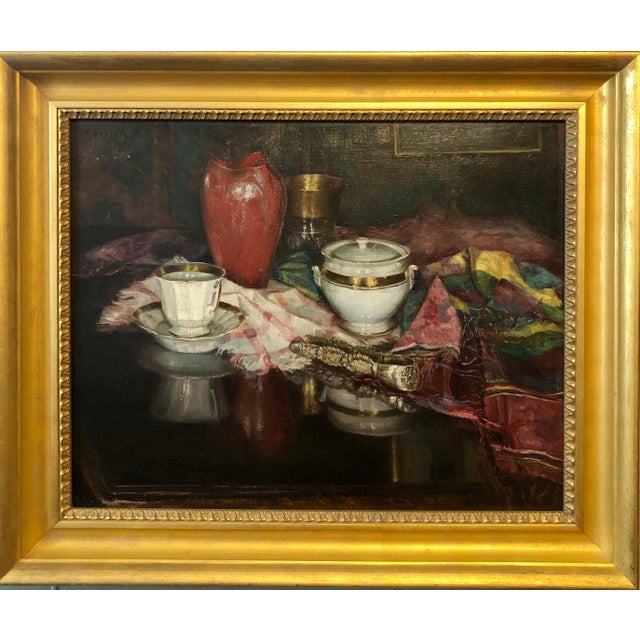 Nina Karasek, 1925 Viennese Oil Painting Interior Still Life with Porcelain Vase, Tapestry Rug, 1925 For Sale In Miami - Image 6 of 14