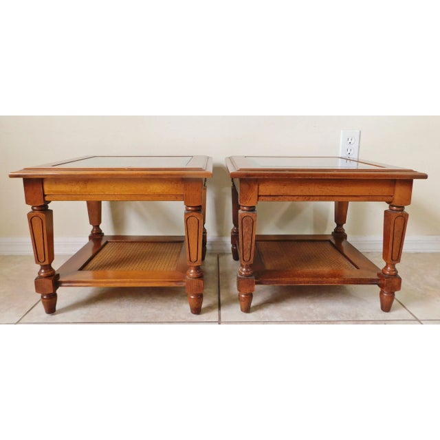 Beautiful pair of small low vintage square solid wood, cane, and beveled glass side/end accent tables. Beautifully made...