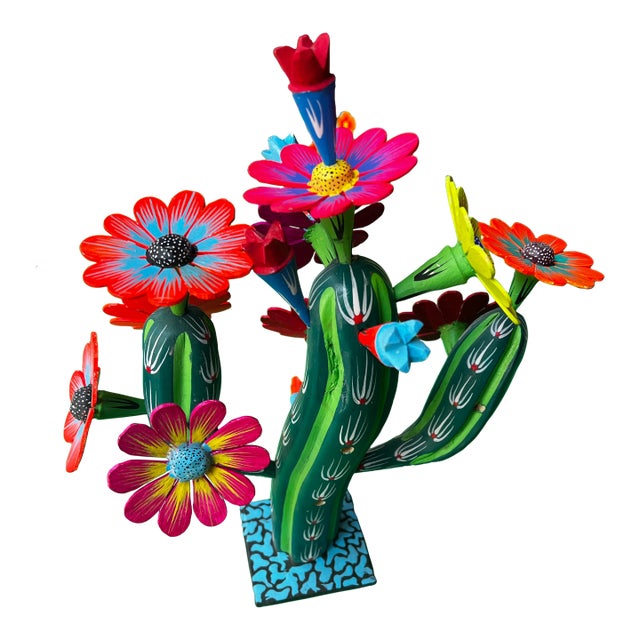 Vintage Wooden Mexican Alebrije Cactus Sculpture For Sale