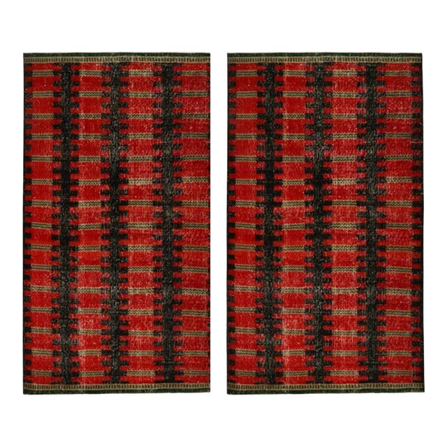 Vintage Zeki Müren Rug in Red and Black Geometric Pattern, by Rug & Kilim For Sale