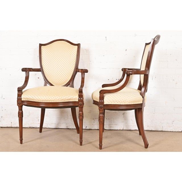 Baker Furniture Style French Regency Louis XVI Carved Walnut Shield Back Armchairs, Pair For Sale - Image 10 of 13