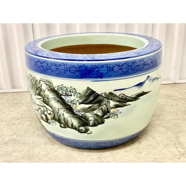 Ceramic Vintage Chinese Blue & White Porcelain Fishbowl Planter With Shan Shui Landscape For Sale - Image 7 of 8
