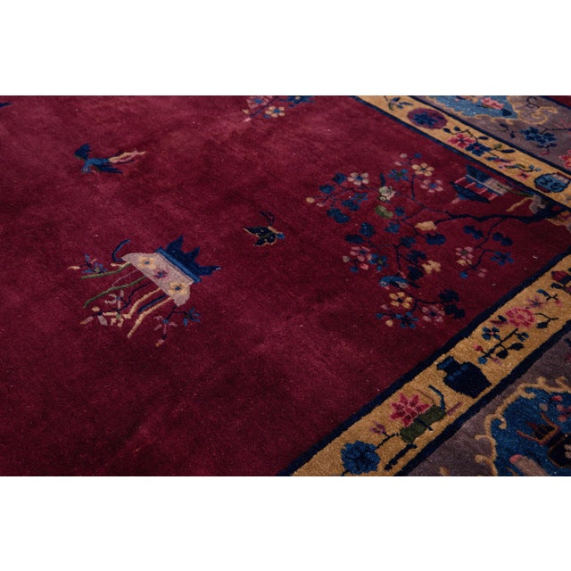 Burgundy Antique Peking Handmade Chinese Floral Designed Burgundy Wool Rug For Sale - Image 8 of 11