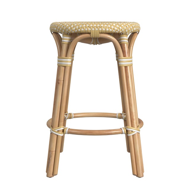 2020s Tobias 24 in. Seat Height Round Rattan Backless Counter Stool, Yellow/White Dot/ Natural Rattan Frame For Sale - Image 5 of 7