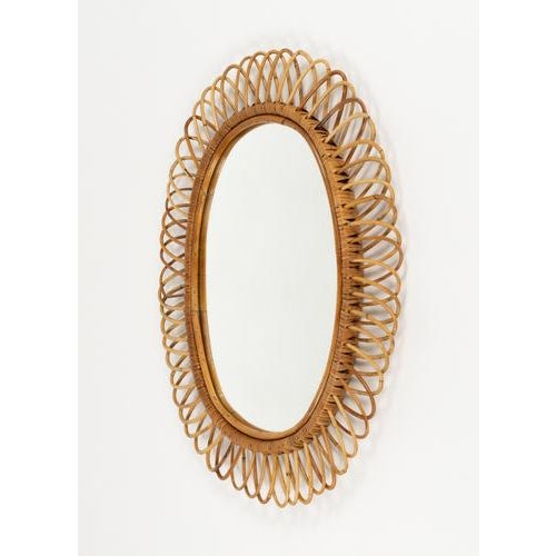 Mid-Century Oval Rattan and Bamboo Wall Mirror attributed to Franco Albini, Italy, 1960s For Sale - Image 6 of 10