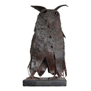 Vintage Brutalist Mid-Century Torch Cut Metal Owl Sculpture For Sale
