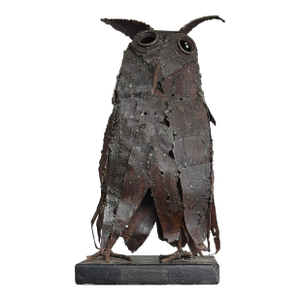 Vintage Brutalist Mid-Century Torch Cut Metal Owl Sculpture