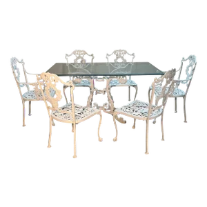 Mid 20th Century White Cast Aluminum Patio Dining Table & 6 Chairs