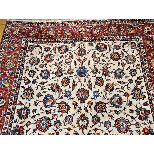 Textile Vintage Persian Isfahan Rug, Hand-Knotted Wool, Allover Floral Pattern, Ivory & Red, 10x14 For Sale - Image 7 of 14