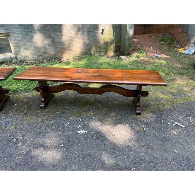 Late 20th Century Pair of Vintage Rustic Style Trestle Base Benches For Sale - Image 14 of 17