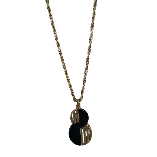Mid 20th Century Vintage Signed Crown Trifari Gold Tone Rope Chain Necklace With Black Bakelite For Sale - Image 5 of 7
