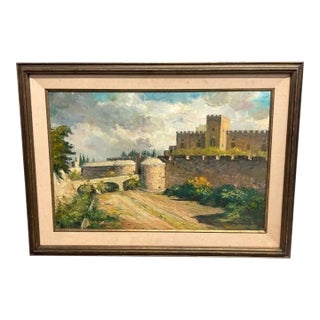 1960s Painting - Oil on Canvas Fortress Landscape by A. Karasylionis For Sale