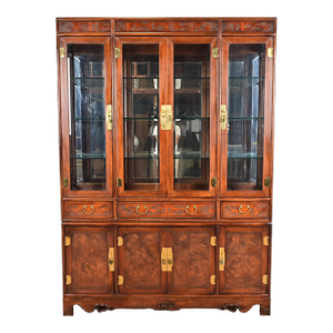 Drexel Heritage Hollywood Regency Chinoiserie Burled Mahogany Lighted Bookcase or Display Cabinet