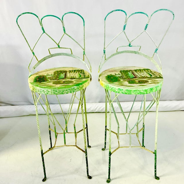 1970s Vintage Boho Chic Italian Ice Cream Cafe Indoor Outdoor Bar Stools Convertible Drinks Tables - A Pair For Sale - Image 13 of 18