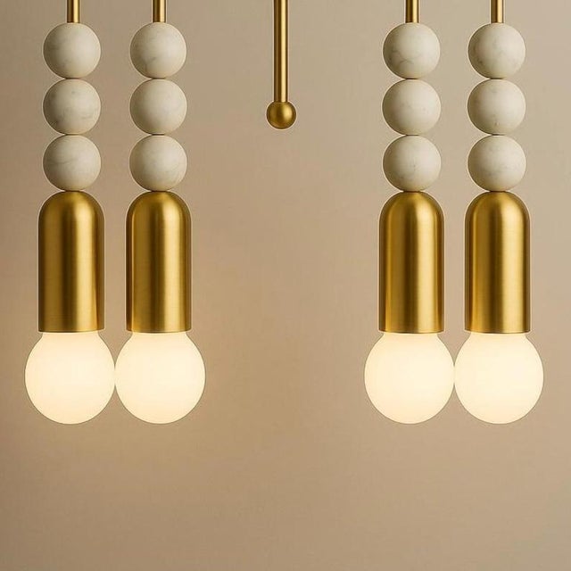 Handmade Brass Pendant Light, Marble Accent Ceiling Lamp, Art Deco Mid Century Fixture For Sale - Image 4 of 8