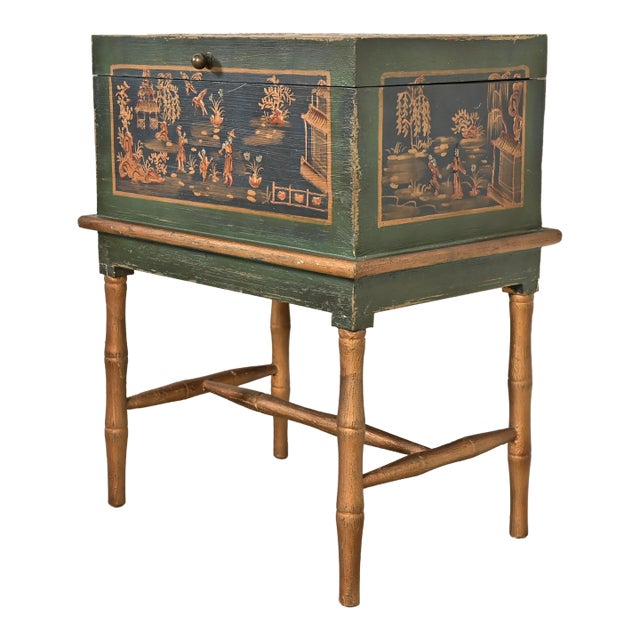 Hollywood Regency Chinoiserie Hand-Painted Green Lacquered and Gold Gilt Chest on Stand For Sale