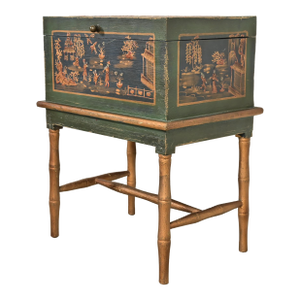 Hollywood Regency Chinoiserie Hand-Painted Green Lacquered and Gold Gilt Chest on Stand