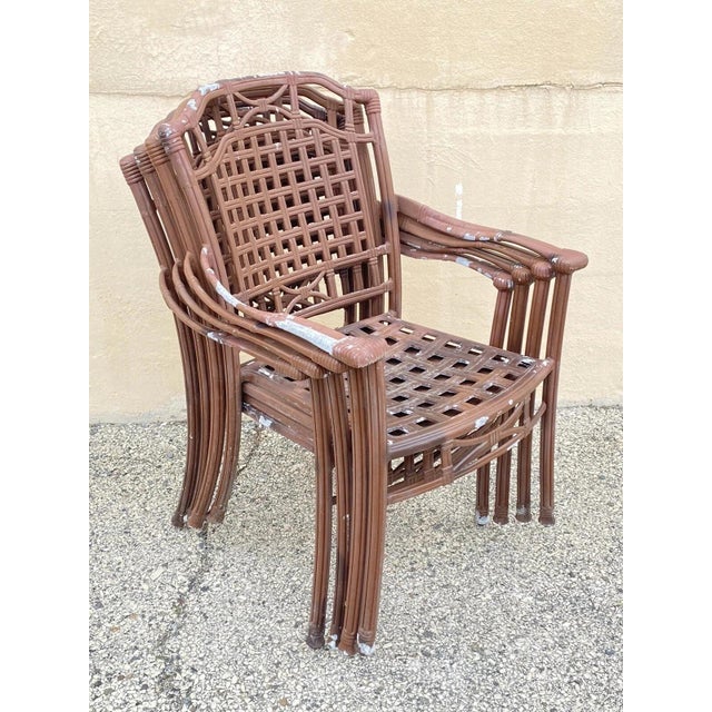 Late 20th Century Cast Aluminum Basket Weave Lattice Rattan Patio Outdoor Arm Chairs - Set of 4 For Sale - Image 9 of 10