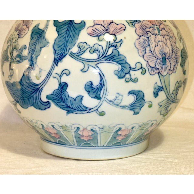 Ceramic Large Vintage Baluster Shaped, Chinese Porcelain Vase W/ Pink, Green and Blue Chrysanthemums For Sale - Image 7 of 8