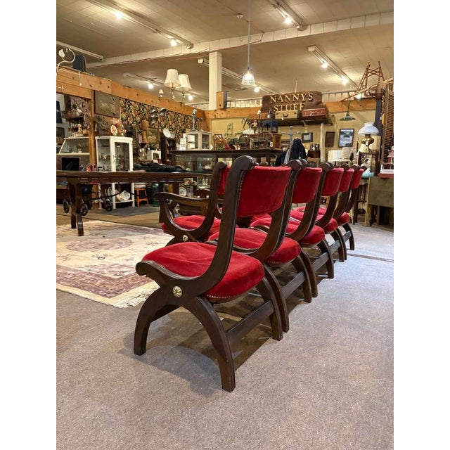 1960s Custom Vintage 1960s Mid Century Modern Marlau of Madrid Glass Top Dining Table With 6 Red Velvet Curule Style Dining Chairs For Sale - Image 5 of 9