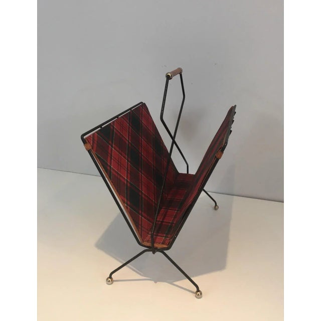 Black Lacquered Metal, Leather and Plaid Fabric Magazine Rack For Sale - Image 4 of 13