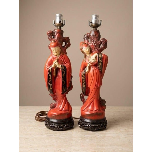 Vintage Faux Cinnabar Chinoiserie Figural Chalkware Table Lamps - Pair For Sale - Image 4 of 6