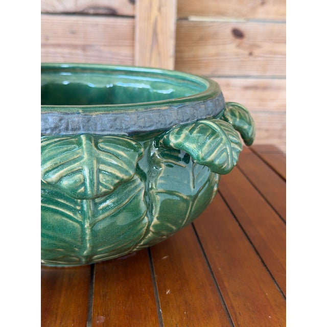 Dark Green Pair of Early 20th Century Green Glazed Sculptural Leaf Motif Garden Planters For Sale - Image 8 of 12