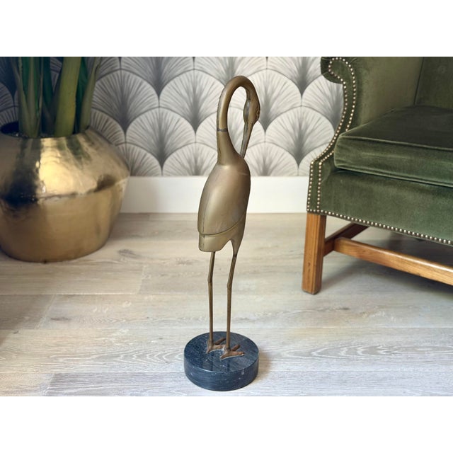 Brass Vintage Mid-Century Modern Hollywood Regency Bronze Brass and Marble Crane Bird Figure Statue Sculpture For Sale - Image 8 of 10