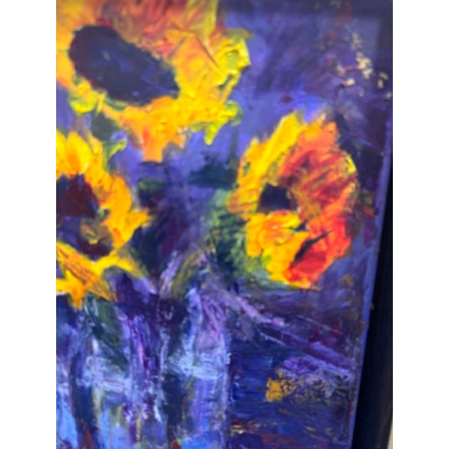 2010s Sunflowers in Blue Bottles by Kathleen Varadi, Contemporary Floral Still Life Painting For Sale - Image 5 of 9