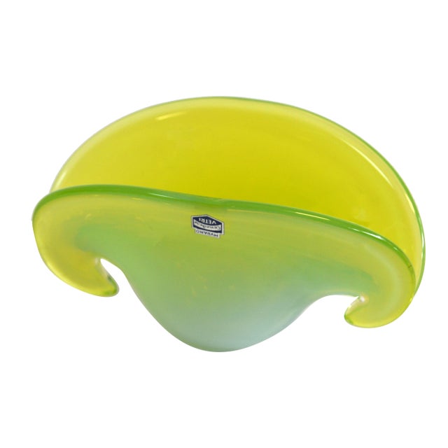 Cenedese Blown Murano Art Glass Neon Green and Clear Encased Bowl Vessel For Sale