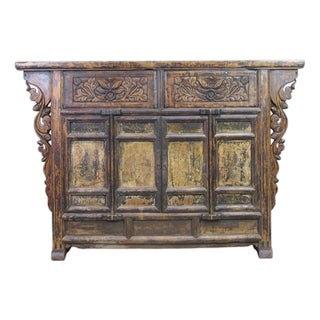 Carved Elm Dual-Drawer Cabinet For Sale