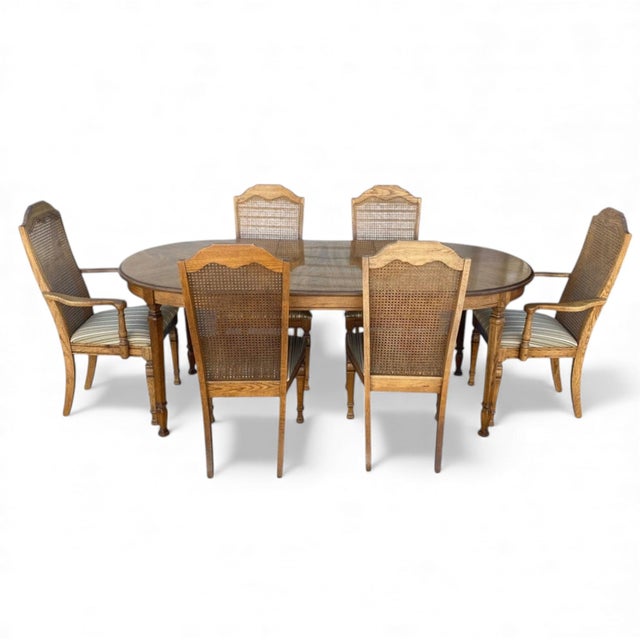 Late 20th Century Oak and Cane Dining Set With Oval Extending Table and Six Chairs For Sale - Image 5 of 7