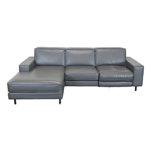 West Elm Axel Gray Leather Reclining Sectional Sofa With Motion Recliner For Sale