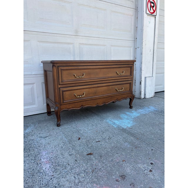 French Provincial French Provincial Walnut Dresser | Lowboy Chest | Louis XV Style Vintage Wood Dresser | Tv Stand | Traditional Bedroom Storage Furniture For Sale - Image 3 of 12