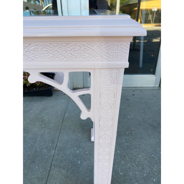 Vintage John Stuart Palm Beach Coral Lacquered Fretwork Glass Top Console Table For Sale - Image 11 of 13