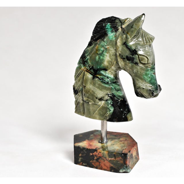 Gemstone Gemstone Emerald Horse Bust Sculpture Olive Black Hand Carved For Sale - Image 7 of 11