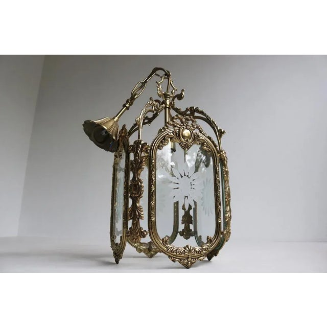 French Louis XVI Style Brass and Etched Glass Lantern, 1950s For Sale - Image 9 of 12