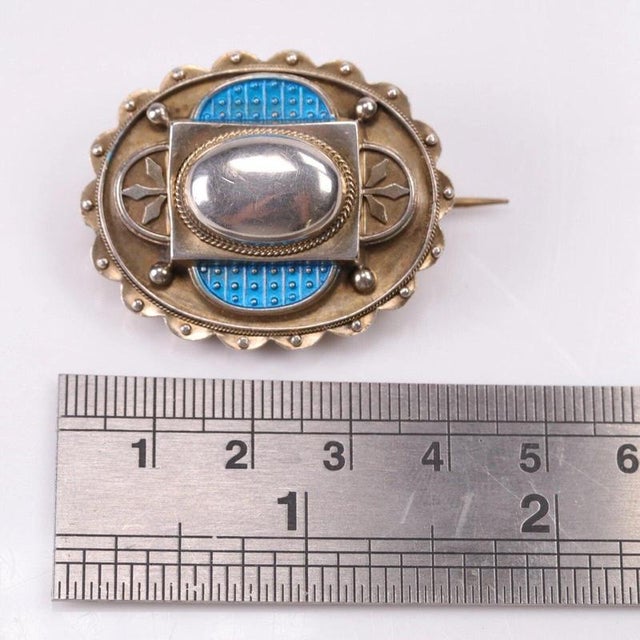 Antique Arts & Crafts Silver and Turquoise Blue Enamel Scalloped Brooch, 1880 For Sale - Image 6 of 8