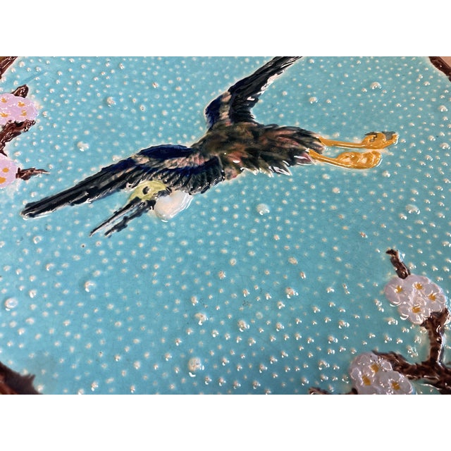 Majolica Late 19th Century Joseph Holdcroft Turqoise Flying Crane Majolica Plate For Sale - Image 4 of 6