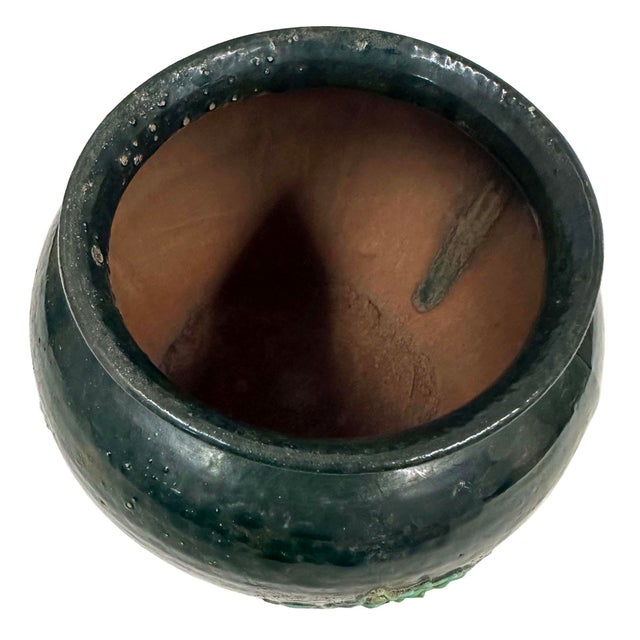 Ceramic Vintage Decorative Pottery Fish Jar With Dark Green Glaze For Sale - Image 7 of 8
