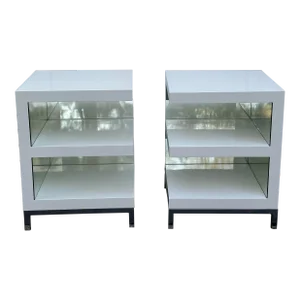 Pair Worlds Away Warner Wh Open Shelf Side Tables White Lacquer With Mirror Inside Shelves