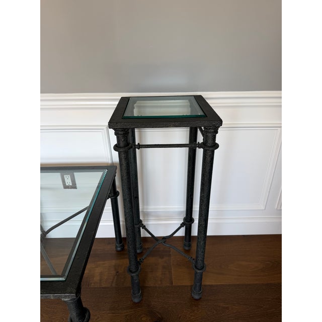 Mid-Century Modern Vintage Postmodern Glass & Faux-Bamboo Iron Table Set | Coffee Table + Matching Side Tables For Sale - Image 3 of 12