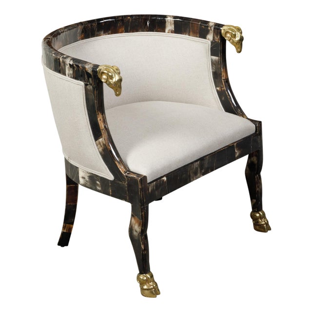 Mid 20th Century Italian Midcentury Horn Tub Chair with Gilt Rams' Heads and New Upholstery For Sale