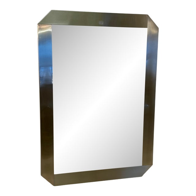 Large 1960s Wall Mirror With Wide Brushed Metal Frame For Sale