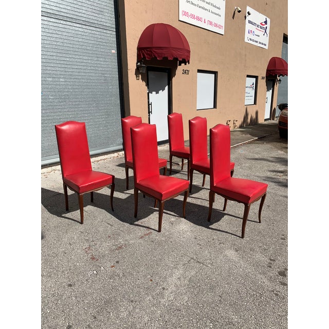 1940s Vintage French Art Deco Solid Mahogany Dining Chairs - Set of 6